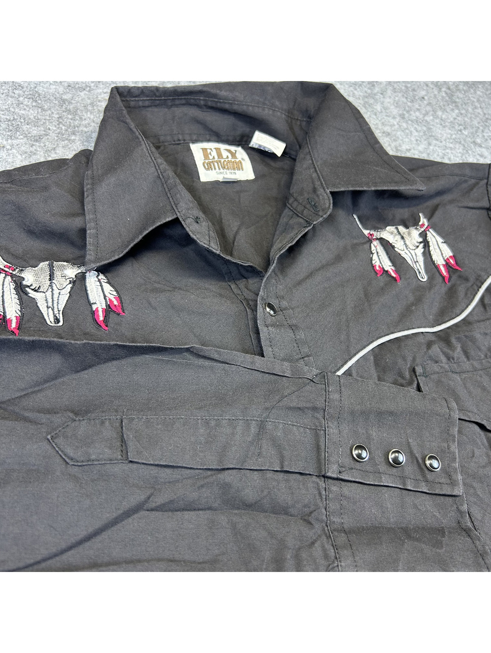 Ely Cattleman Embroidered Western Shirt Mens L Skulls Black Rodeo Work Cowboy